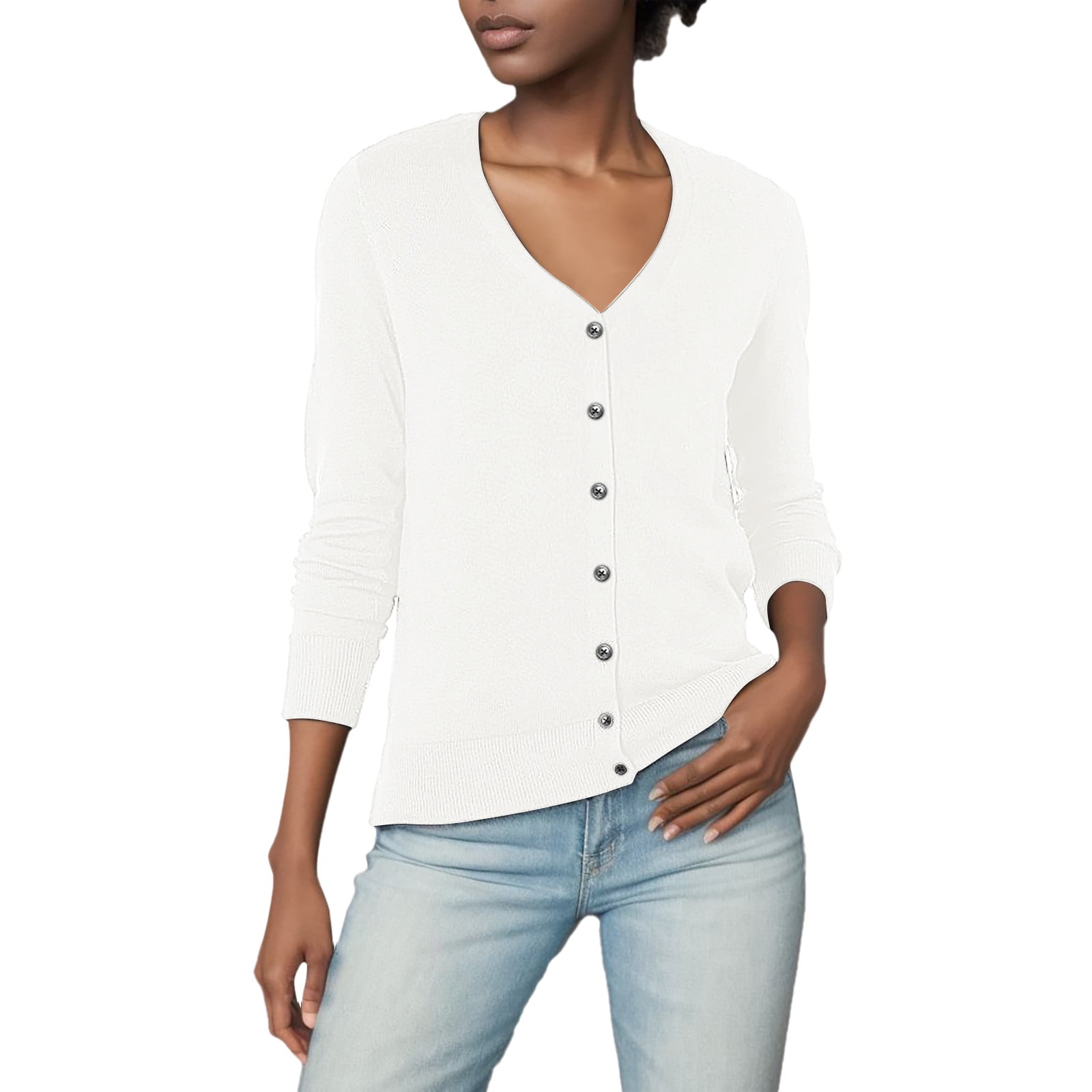 PMUYBHF Women Button Sweater Top Solid V Neck Long Sleeve Sweater