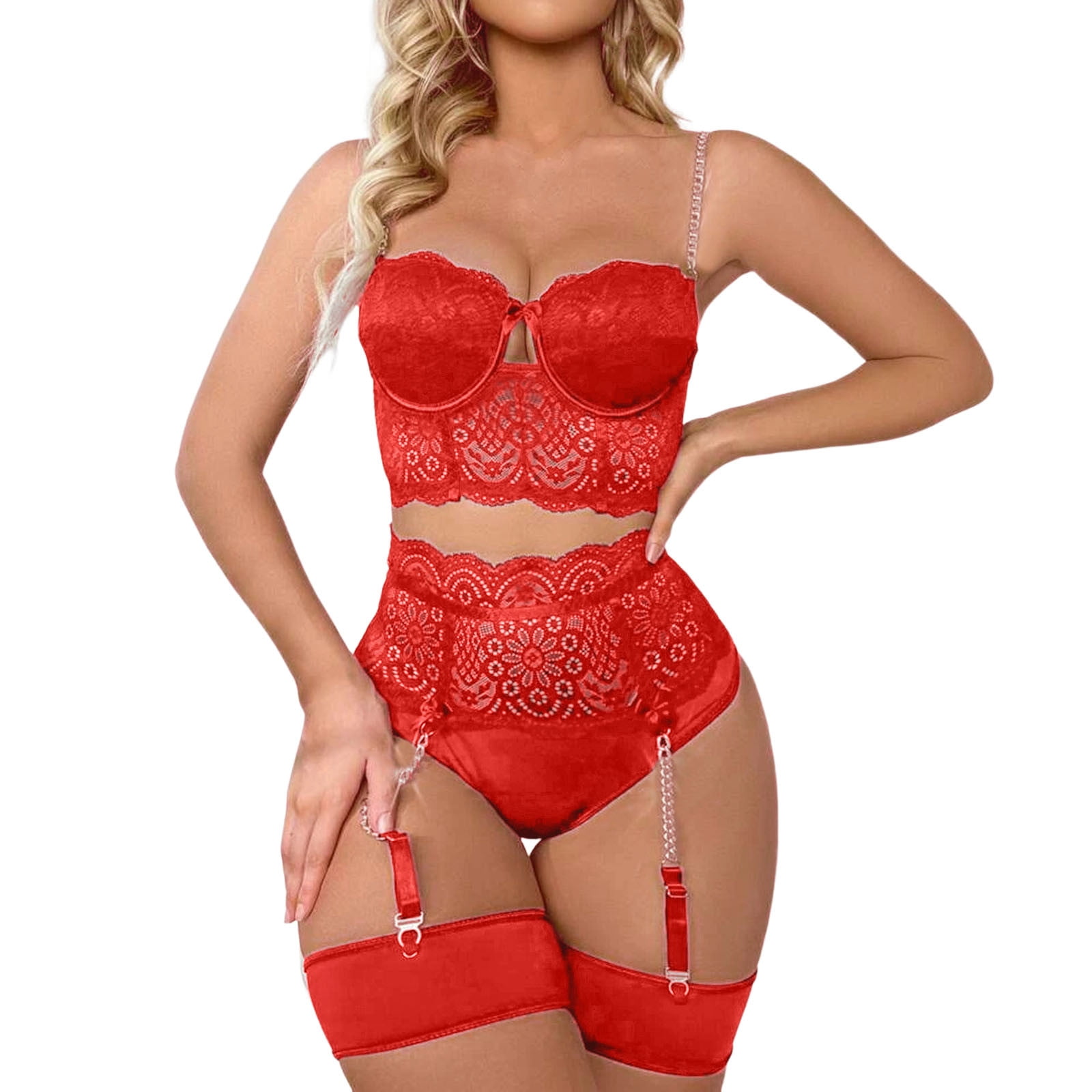 LBECLEY 1/4 Cup Bra Lingerie Plus Size Lace Heart Embroidered Fashion  Lingerie Hollow 3 Piece Garther Lingerie Set for Mature Women Outfits for  Adults