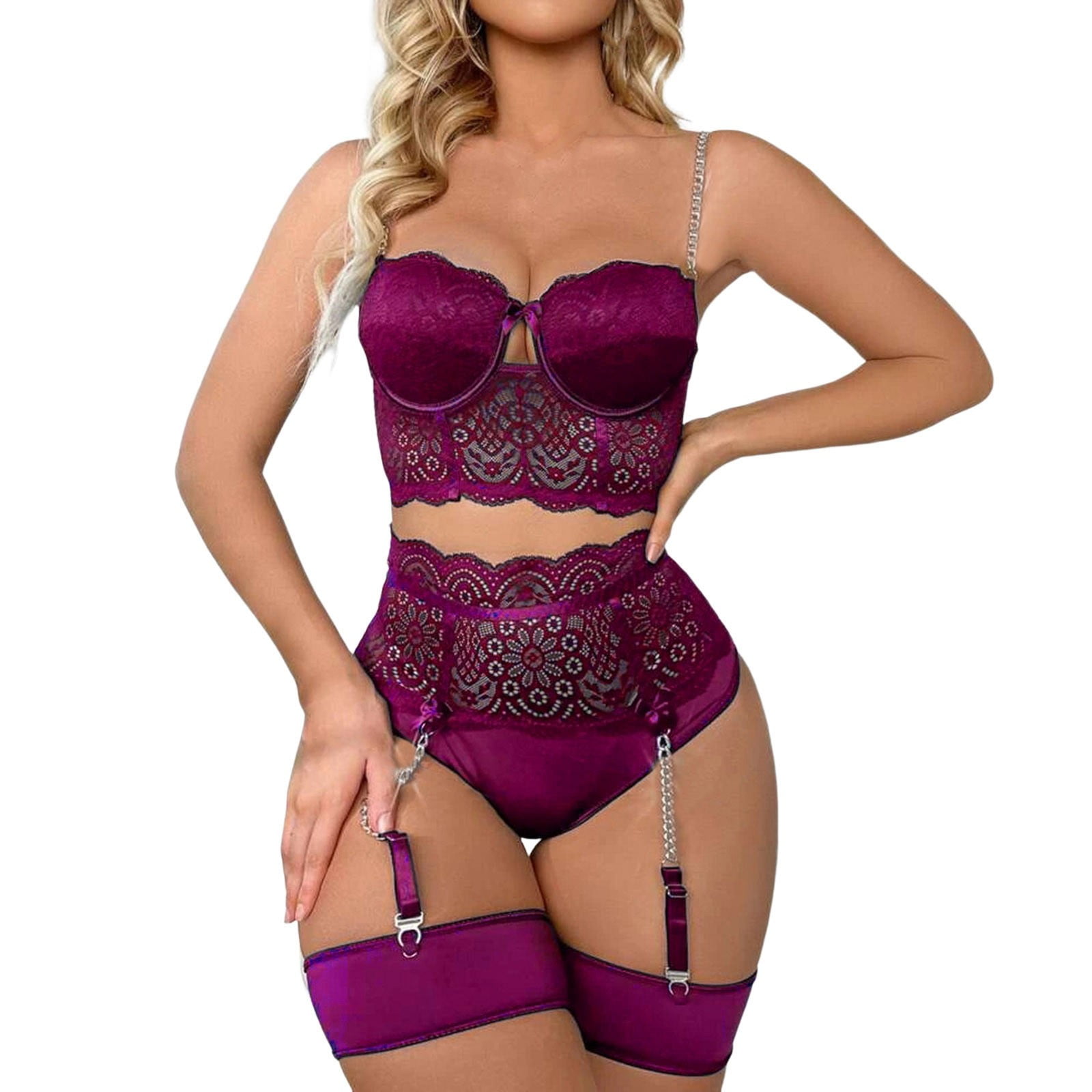 LBECLEY 1/4 Cup Bra Lingerie Plus Size Lace Heart Embroidered Fashion  Lingerie Hollow 3 Piece Garther Lingerie Set for Mature Women Outfits for  Adults