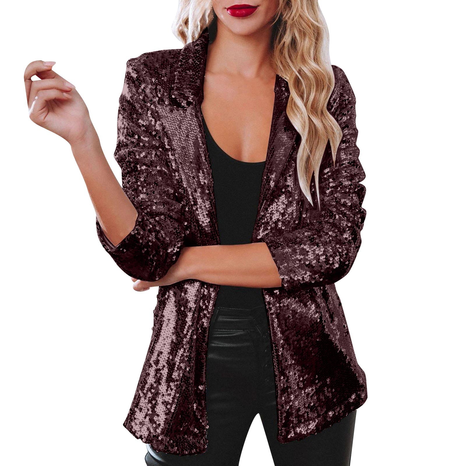 PMUYBHF Womens Fashion Jackets Women Sequins Sequin Jacket Casual Long  Sleeve Glitter Party Shiny Lapel Coat Rave Outerwear 