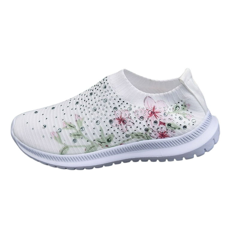 PMUYBHF Womens Tennis Shoes Size 8.5 Wide Width Ladies Rhinestone Flower  Flyweaving Mesh Sports Casual Socks Shoes Breathable Large Size Lightweight  Running Shoes Sneakers Casual Shoes 