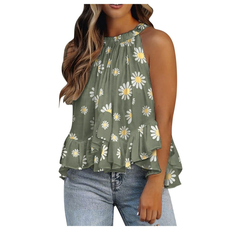 PMUYBHF Womens Tops,Summer Fashion O-neck Vest Layered Ruffles Print  Sleeveless Tank Top Blouse Green XL 