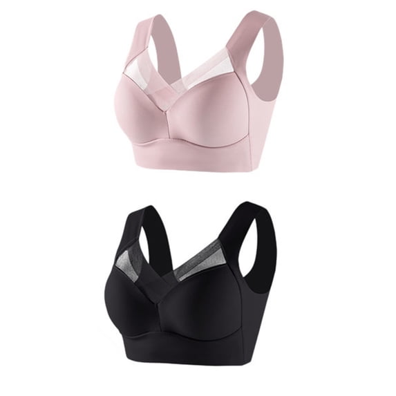 PMVFHDE 2-Pack Plus Size Women Bra Wirefree Lace Tank Top Underwear Thin Side Fold Adjustable For Side Support Pink