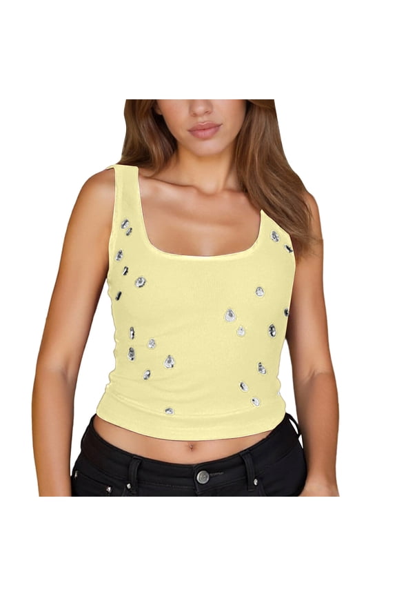 2026 Women Summer Beaded Neckline Elegant Sleeveless Tank Tops For Women For Casual Wear And Layering Camisole Yellow,M