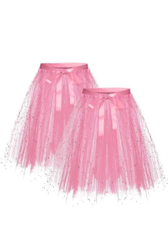 2PC Womens Holiday Dresses For Women Layer Dance Tutu Sequin Skirt With Bow And Belt Handmade Performance Skirt Pink
