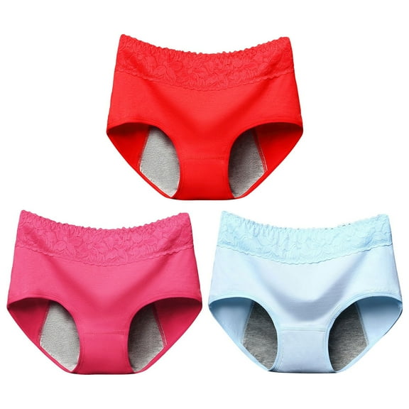 PMVFHDE 3-Pack Womens Menstrual Underwear Lace Medium Waist Cotton Period Briefs Panties For Women D,L