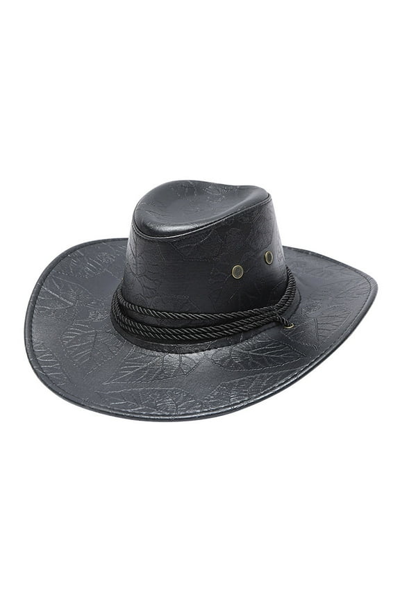 Adult Printed Western Cowboy Hat Leather Wind Resistant Wide Brim Rope Belt Sun Shade Design Black