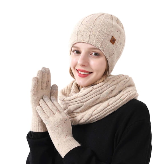 PMVFHDE Autumn Winter Adult Pullover Set Outdoor Warm Ear Scarf Hat Windproof Beige