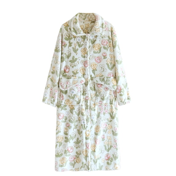 PMVFHDE Autumn Winter Coral Velvet Female Long Dress Padded Thickened Flannel Bathrobe Pajama Green,M