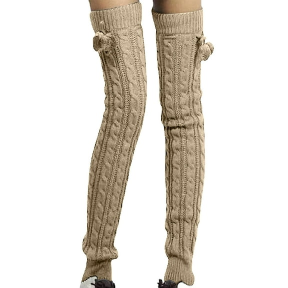 PMVFHDE Autumn Winter Knitted Socks, Solid Color Stackable Socks High Tube Over-Knee Yarn Socks with Pom, Comfortable Long Tube Socks Khaki