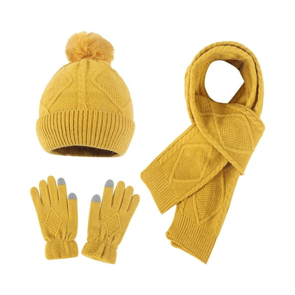 PMVFHDE Autumn Winter Solid Color Knit Hat Scarf Gloves Three-Piece Set Fashionable Warm Wool Hat Set Warm Comfort Set for Daily Use Winter Hat Scarf Gloves Set Yellow