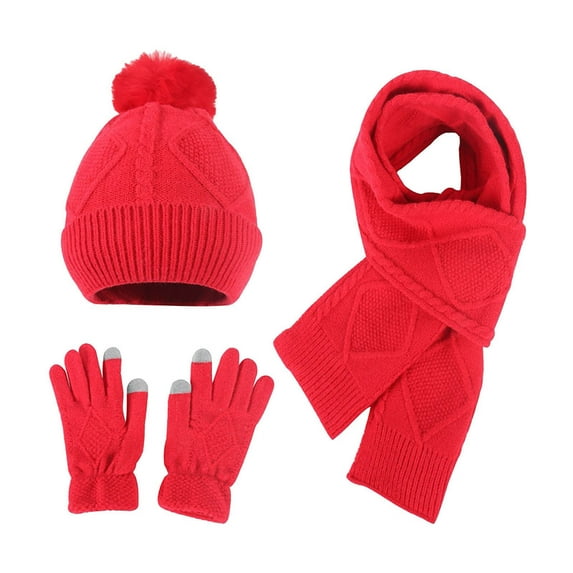 PMVFHDE Autumn Winter Solid Color Knit Hat Scarf Gloves Three-Piece Set Fashionable Warm Wool Hat Set Warm Comfort Set for Daily Use Winter Hat Scarf Gloves Set Red