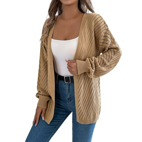 PMVFHDE Autumn Winter Women's Casual Solid Color Hollow Out Breathable Long Sleeve Cardigan Sweater Khaki,XL
