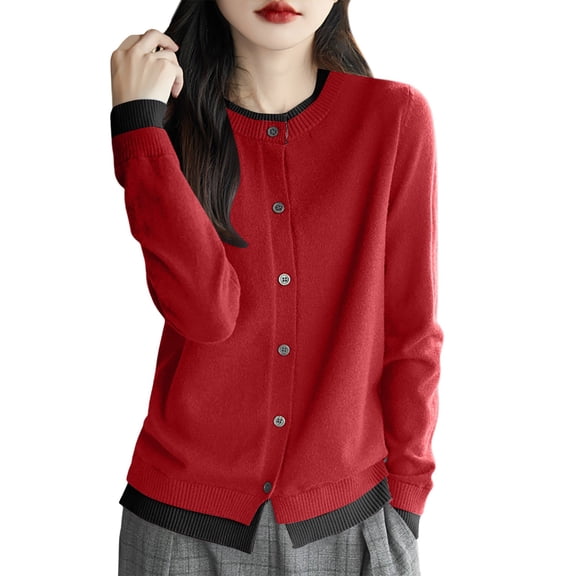 PMVFHDE Autumn Winter Women's Fashion Adorable Knit Sweater Round Neck Fitted Cardigan Two-in-One Coat Top Red,XL
