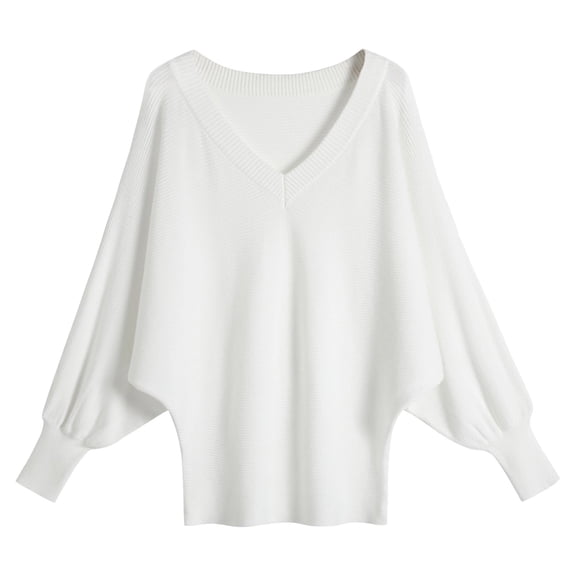 PMVFHDE Batwing Sweater Deep V Neck Loose Fitting Oversized Pullover Top Solid Color Comfortable Casual Long Sleeve Wear Sweater Women White,One Size
