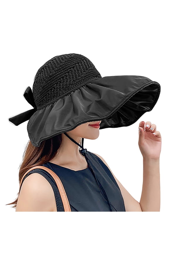 Beach Summer Sun Hat For Casual Everyday Wear Or Outdoors With Bow And Sun Shade Black
