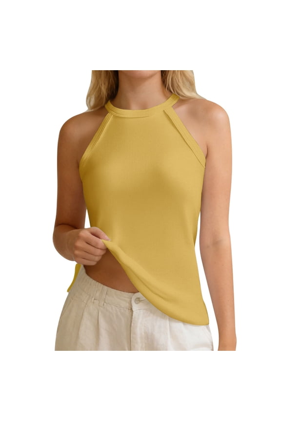 Camisole With Built In Bra Long Length Halter Neck Cami Top for Layering