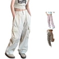 thumbnail image 1 of PMVFHDE Children Girls Casual High Elastic Waisted Loose Fit Pockets Kid Tall Cargo Sweatpants Streetwear Pants Beige,5-6 Years, 1 of 9