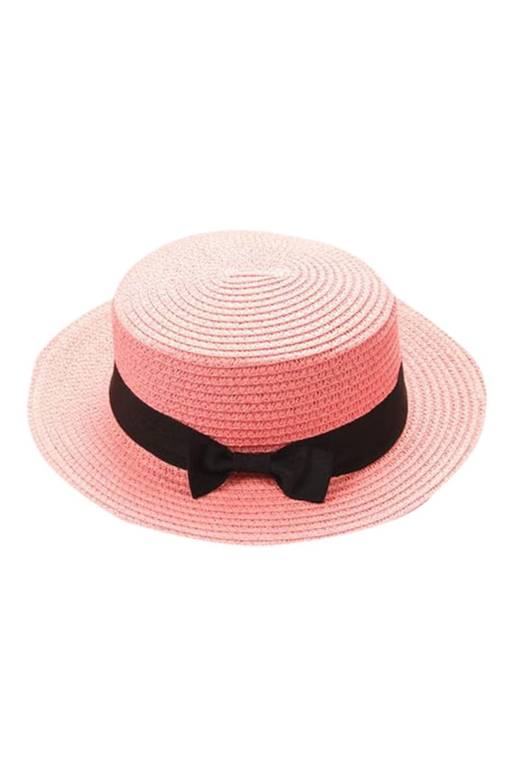 Classic Floppy Bow Straw Hat for Women Men Summer Beach Sun Wide Brim Boater Cap for Outdoor Garden Party Pink