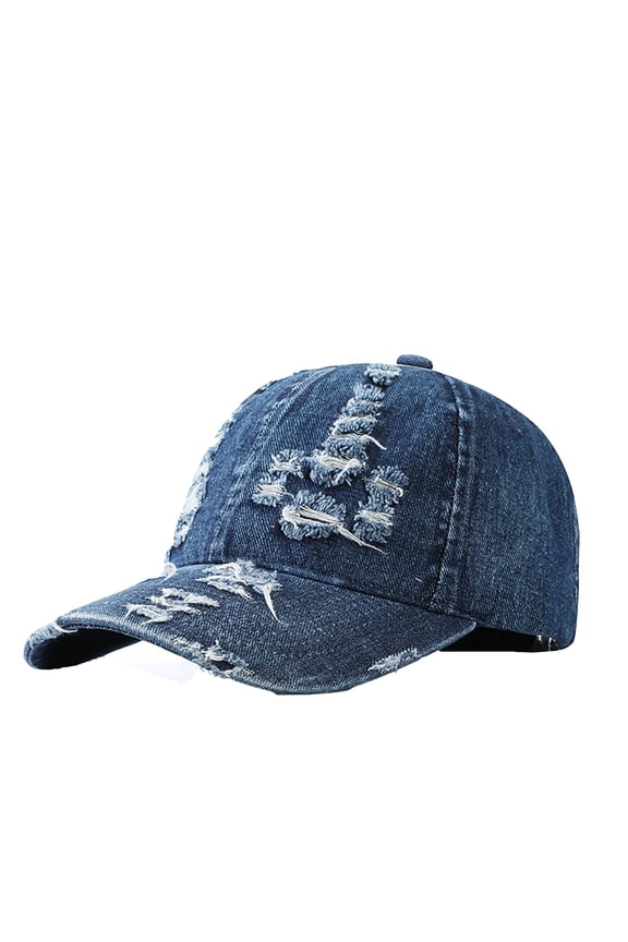 Classic Washed Ripped Denim Baseball Cap Unisex Distressed Sun Hat Adjustable Dad Hat Dark Blue