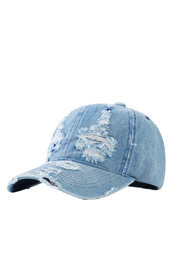 Classic Washed Ripped Denim Baseball Cap Unisex Distressed Sun Hat Adjustable Dad Hat Sky Blue