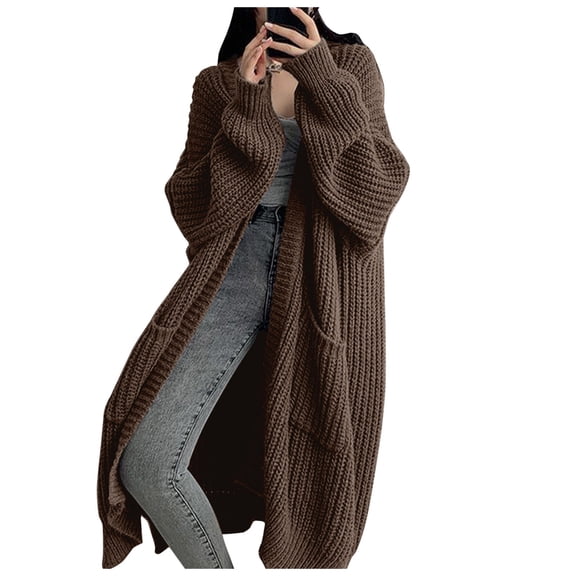 PMVFHDE Coats for Women 2025 Winter Solid Color Daily Casual Relaxed Loose Long Sleeve Long Length Pocket Knit Cardigan Khaki,One Size