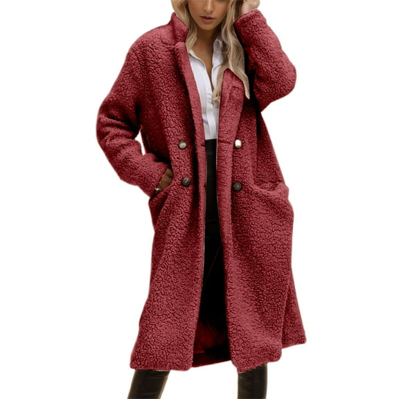 PMVFHDE Coats for Women Autumn Winter Heavyweight Lined Warm Button Pocket Long Sleeve Notch Lapel Soft Top Coat Red,S