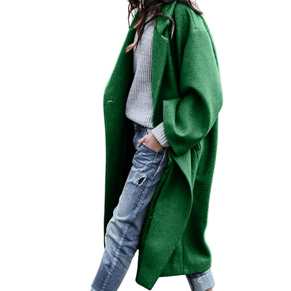 PMVFHDE Coats for Women Casual Long Length Solid Color Notch Lapel Long Sleeve Elegant Warm Wool Overcoat Top Green,M