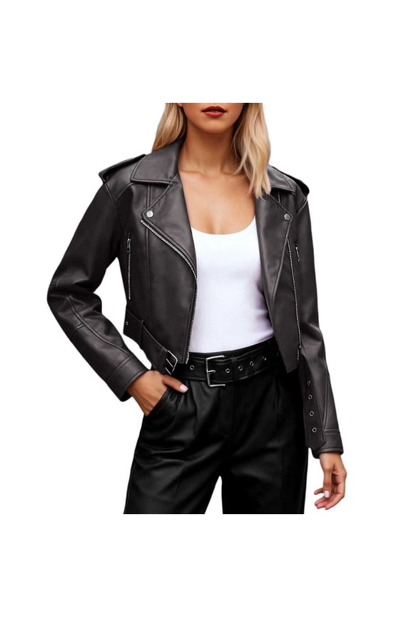 Coats for Women Cropped Solid Color Leather Jacket Stylish Front Closure Notch Lapel Roomy Leather Outer for an Edgy Vibe Black,M