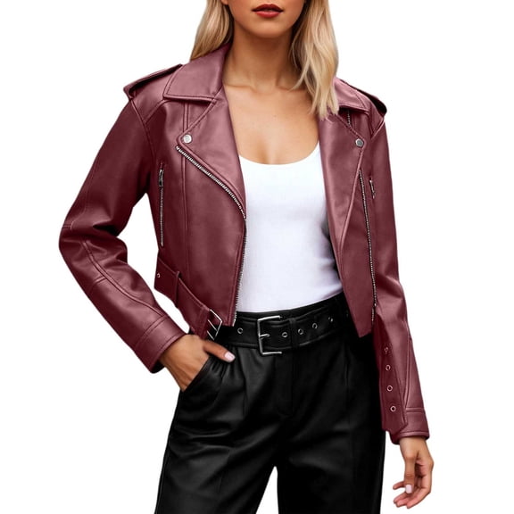 PMVFHDE Coats for Women Cropped Solid Color Leather Jacket Stylish Front Closure Notch Lapel Roomy Leather Outer for an Edgy Vibe RD1,S