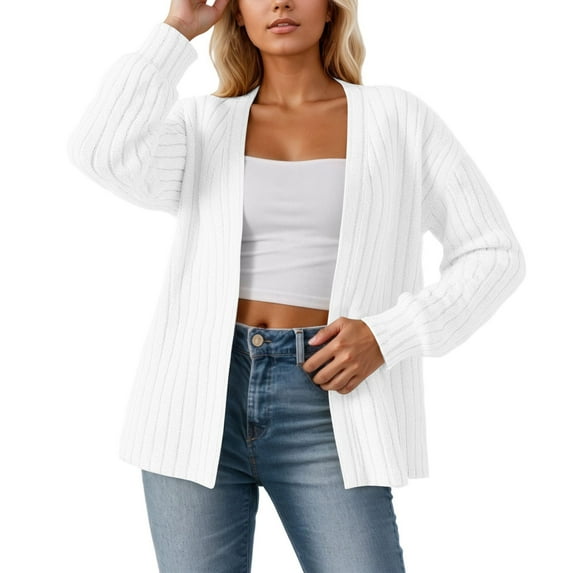 PMVFHDE Coats for Women Fall Winter Vertical Stripe Mid Length Solid Color Long Sleeve Open Front Garment Everyday Roomy Outer White,L