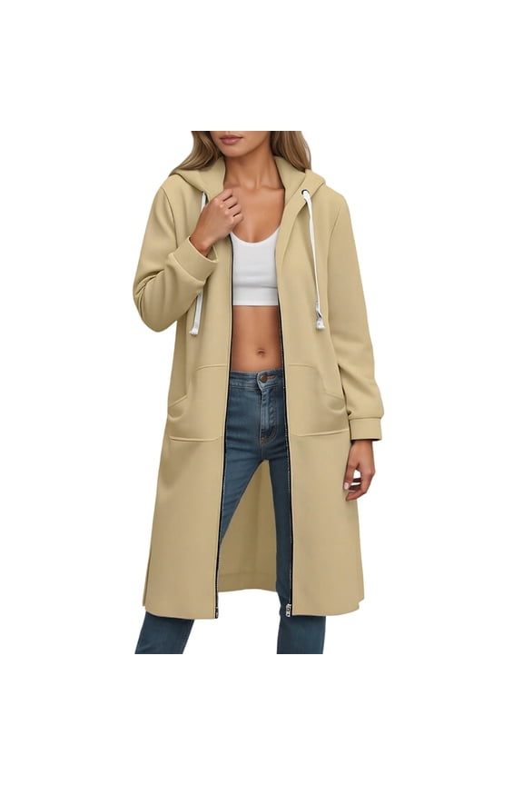 Coats for Women Long Hooded Full Closure Long Sleeve Fall Season Waist Defining Athletic Wear Lightweight Side Vent Pile Lined Beige,XL