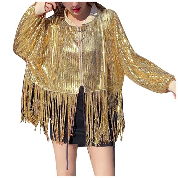 PMVFHDE Coats for Women Solid Color Loose Drop Shoulder Fashion Stage Party Performance Full Zip Fringe Long Sleeve Sequin Gold,A