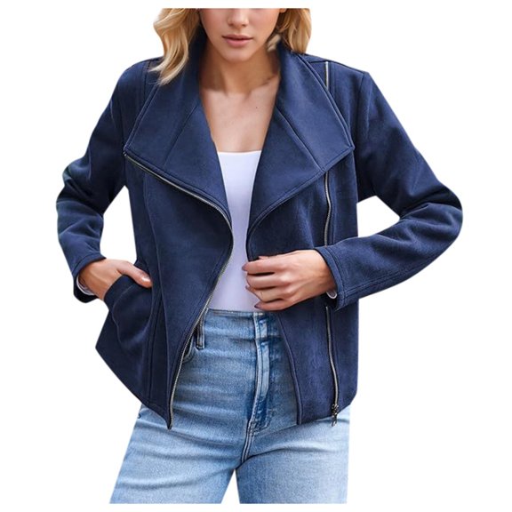 PMVFHDE Coats for Women Solid Color Notch Lapel Full Zip Autumn Winter Fashion Casual Stylish Jacket Short Length Dark Blue,S