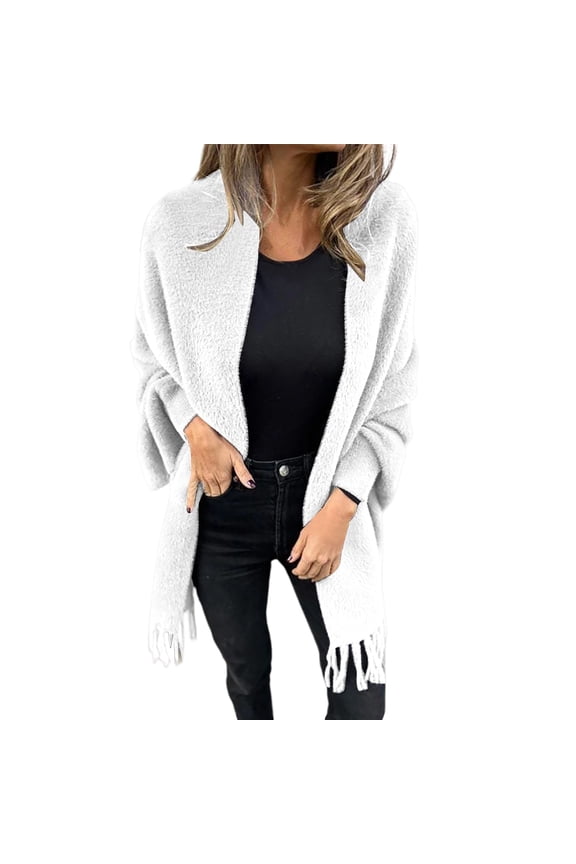 Coats for Women Solid Color Stylish Long Sleeve Casual Decorative Fringe Overcoat Fall Winter Knitted Thermal Lined Wrap White,L