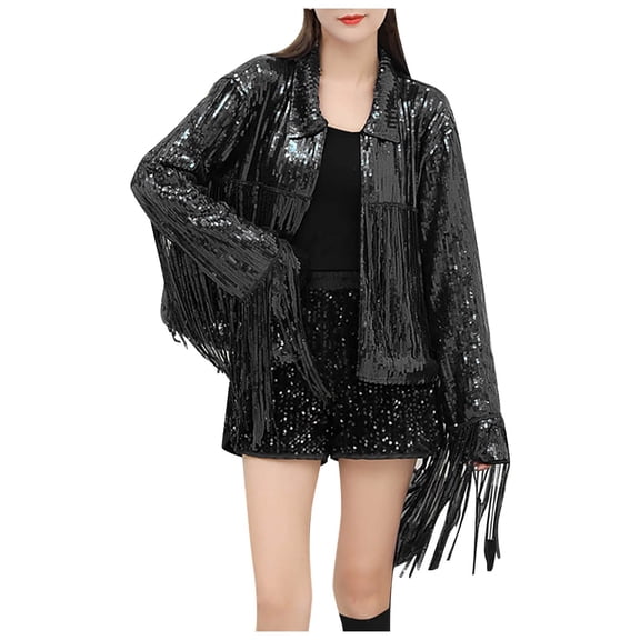 PMVFHDE Coats for Women Stage Party Performance Fashion Sequin Solid Color Long Sleeve Fringe Notch Lapel Loose Top Black,A