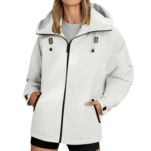 PMVFHDE Coats for Women Winter Long Sleeve Full Zip Pocket Solid Color Outdoor Sports Rain Jacket Work Wear White,M