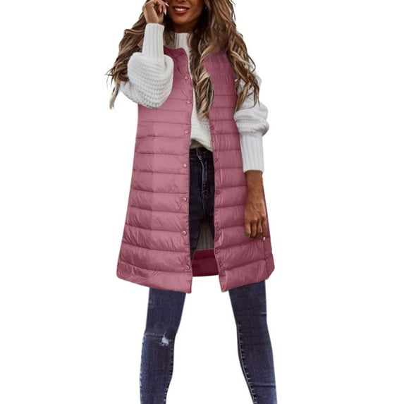 PMVFHDE Coats for Women Winter Solid Color Daily Casual Loose Long Length Lightweight Warm Vest Jacket Pink,XS