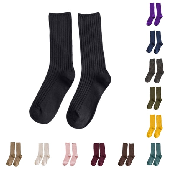 PMVFHDE Crew Socks Spring Fall Long Solid Japanese Double Needle Cotton Mid Calf Daily Wear