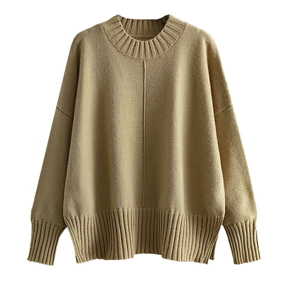 PMVFHDE Crewneck Sweater Women's Autumn And Winter Solid Color Pullover Sweater Long Sleeve Thin Loose Bottom Shirt Versatile Daily Long Sleeve Tops For Women Khaki,One Size