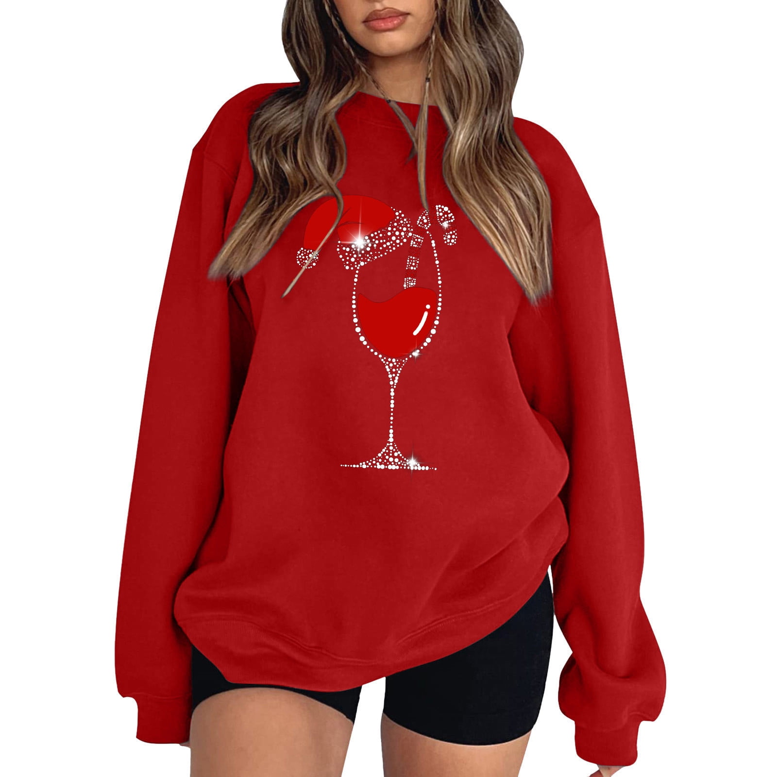 PMVFHDE Distressed Sweatshirts plus Size Womens Christmas Print Sweatshirt Loose Crewneck Long Sleeve Casual Basic Hoodless Pullover Top Red XL Walmart