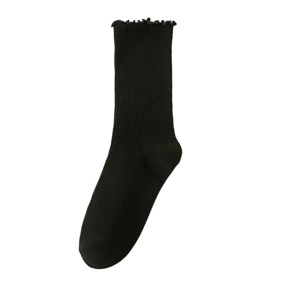 PMVFHDE Double Seam Ruffle Edge Mid-Calf Socks for Girls, Student Socks with Solid Color Striped Lace, Stackable Socks Black,One Size