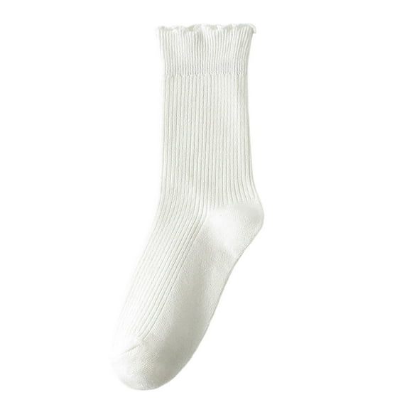 PMVFHDE Double Seam Ruffle Edge Mid-Calf Socks for Girls, Student Socks with Solid Color Striped Lace, Stackable Socks White,One Size
