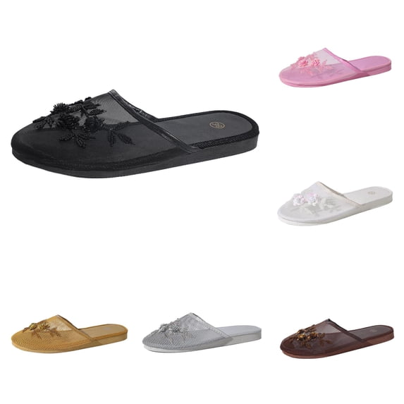 PMVFHDE Embroidered Mesh Slippers Women Boxy Mule Flat On Shoes Indoor Comfort Breathable Casual Sandals Black - 5.5