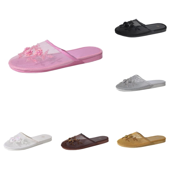 PMVFHDE Embroidered Mesh Slippers Women Boxy Mule Flat On Shoes Indoor Comfort Breathable Casual Sandals Pink - 7