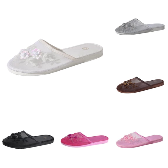 PMVFHDE Embroidered Mesh Slippers Women Boxy Mule Flat On Shoes Indoor Comfort Breathable Casual Sandals White - 7