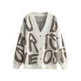 thumbnail image 1 of PMVFHDE Fashion Letter Jacquard Sweater Cardigan Women Autumn Winter Long Sleeve Button Front Knit Coat Khaki,One Size, 1 of 3