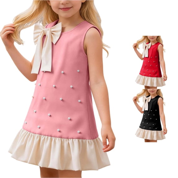 PMVFHDE Girls Bow Pearl Dress, Sleeveless Summer Party Gown for Toddler Little Girls, Birthday Wedding Flower Girl Dress