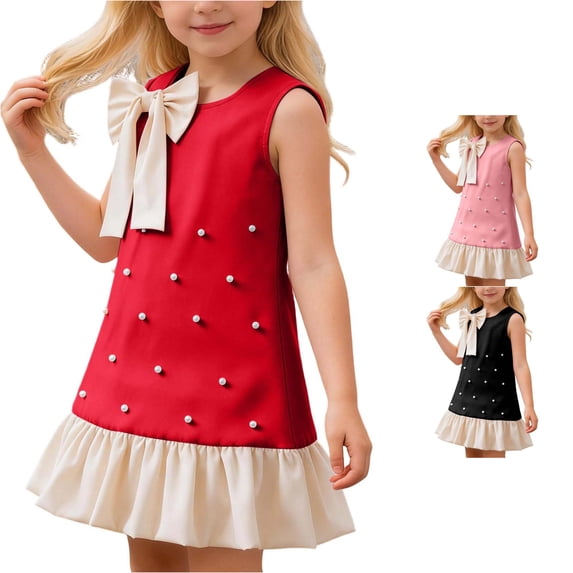 PMVFHDE Girls Bow Pearl Dress, Sleeveless Summer Party Gown for Toddler Little Girls, Birthday Wedding Flower Girl Dress