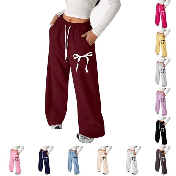PMVFHDE Girls Bowknot Baggy Sweatpants Lightweight Straight Leg Athletic Pants With Pockets Wine,130